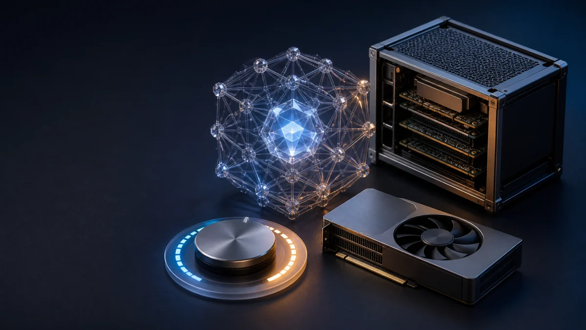 추상 신경망 코어와 GPU 모듈, 개방형 컴퓨팅 장치를 배치해 AI 모델 성능과 배포 검증을 표현한 이미지